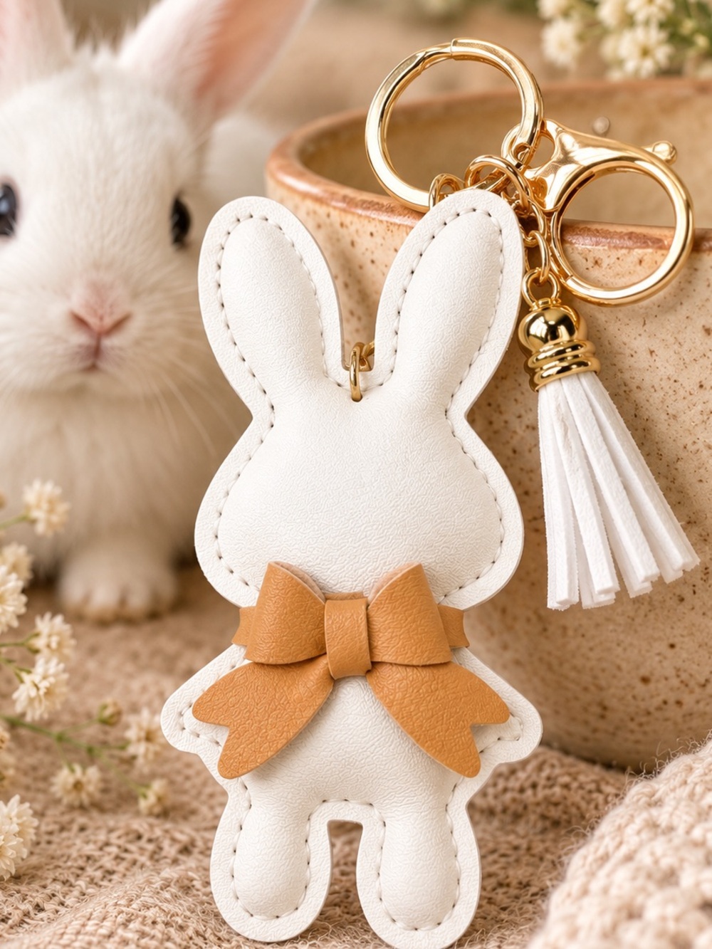 White Bunny Faux Leather Keychain Bag Charm Bow Tassel Gold Tone New